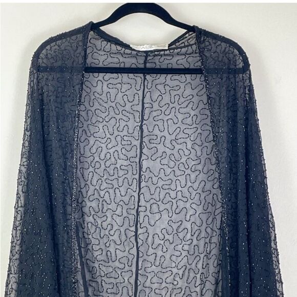 Scala Black Beaded Fringe Sheer Shawl Wrap Boho Jeweled Special Occasion Chic - Picture 10 of 11